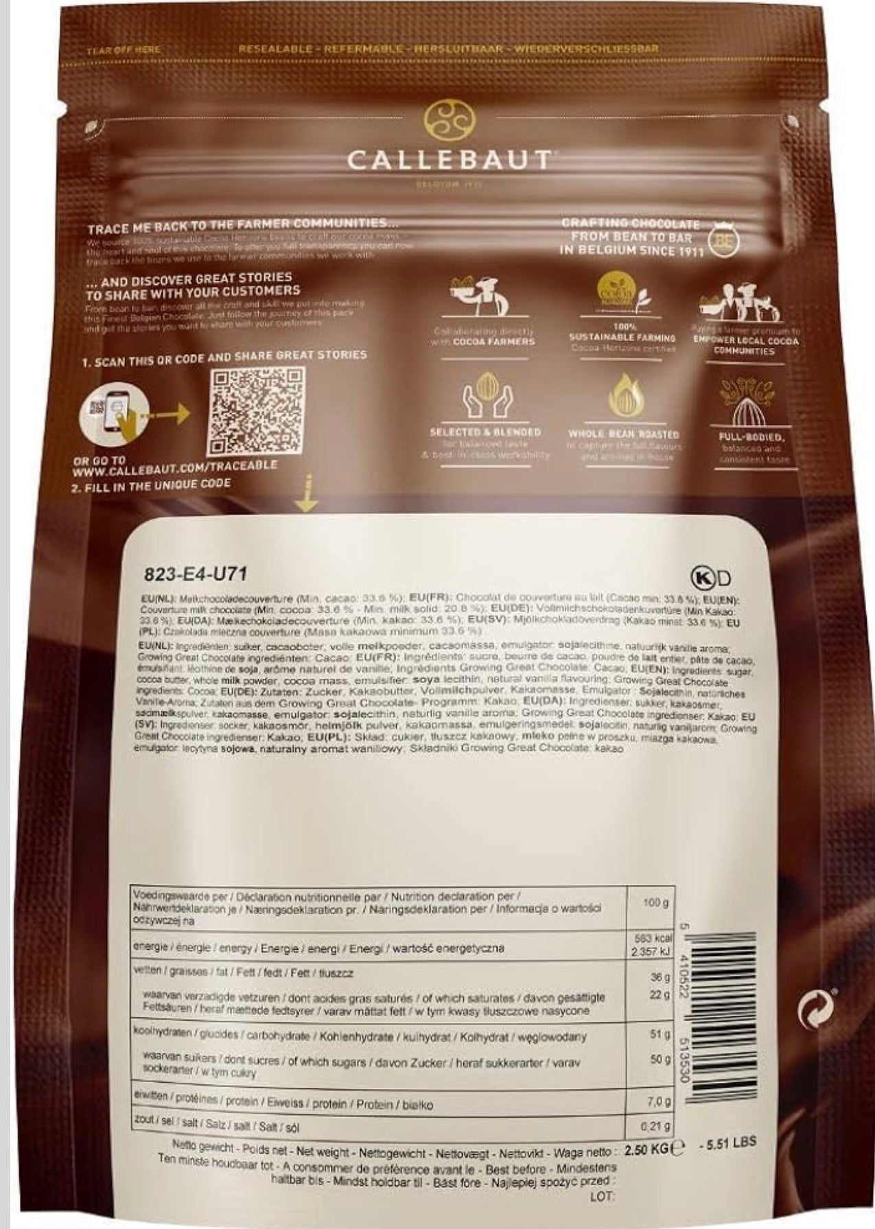 Callebaut Belgian Milk Chocolate Baking Callets (Chips) - 33.6% - 1 bag, 5.5 lbs